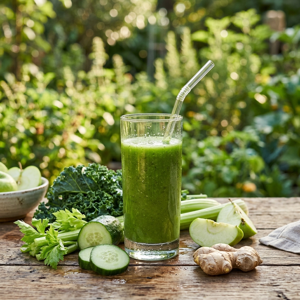 Green detox juice with celery, cucumber, apples, and ginger on a rustic table